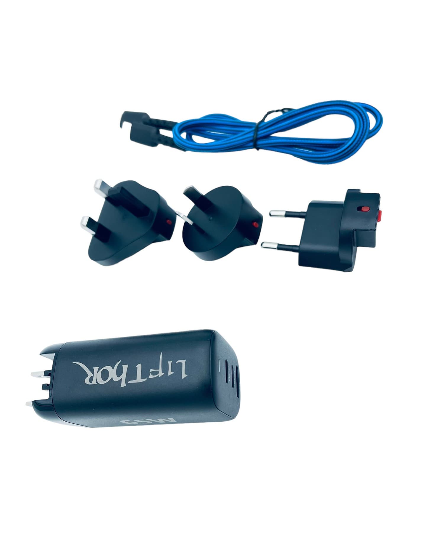 Szybka ładowarka LifThor 65W z technologią GaN, 3 porty, kabel typu C o długości 1m, międzynarodowy system gniazd (EAN_7090045916520)