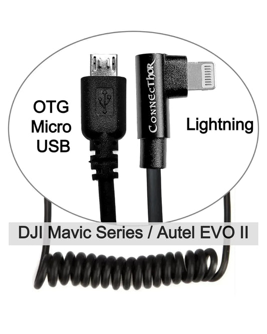 Cable ConnecThor OTG Micro USB (straight) - Lightning (angled) coiled by a spring, length 30-60 cm (EAN_7090045910191) from Thor’s Drone World