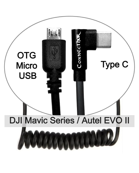 Cable ConnecThor OTG Micro USB (straight) - Type-C (angled) coiled by a spring, length 30-60 cm (EAN_7090045910214) from Thor’s Drone World