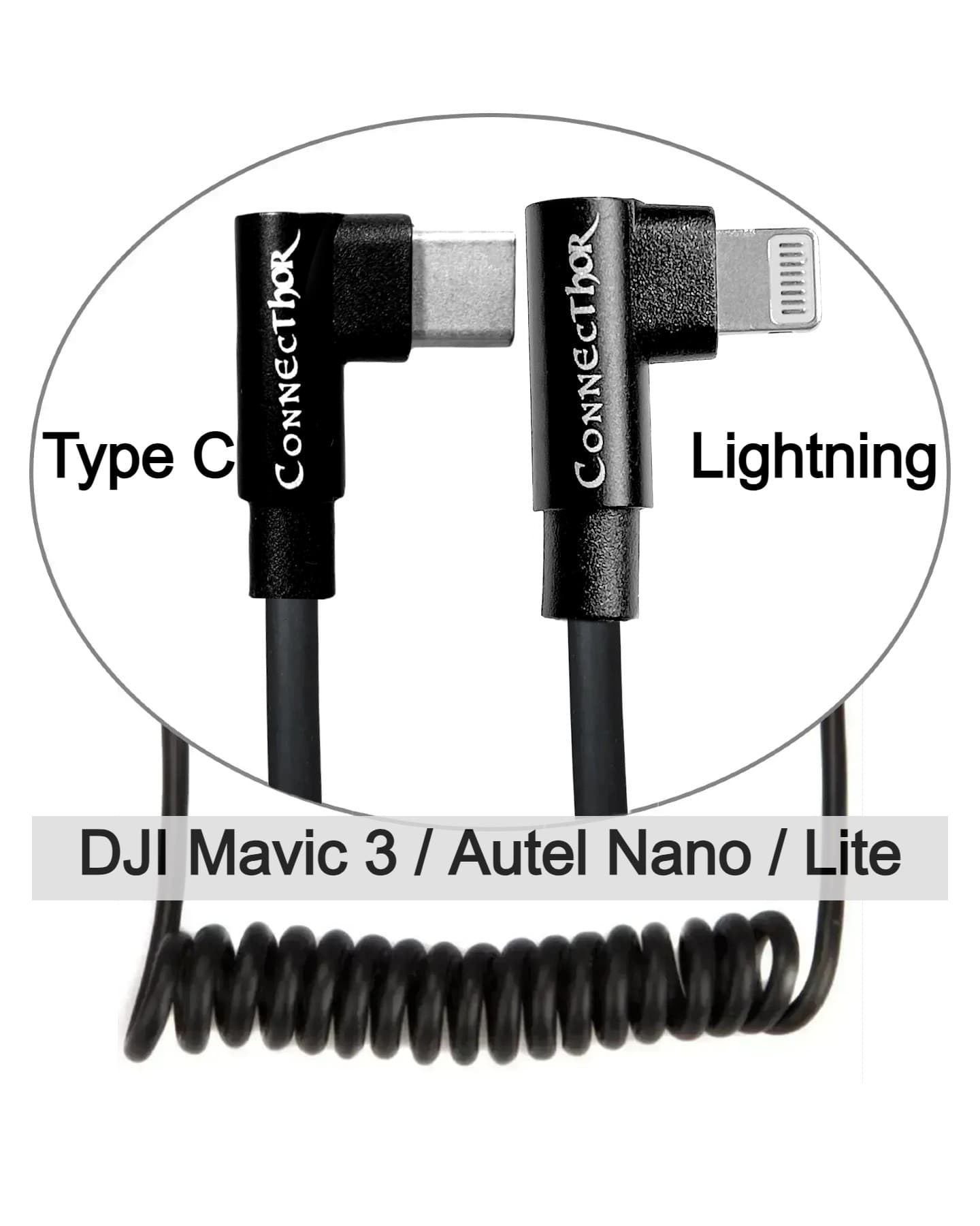Kabel ConnecThor Type-C (kątowy) - Lightning (kątowy) zwinięty na sprężynie, długość 30-60 cm (EAN_7090045910337) od Thor's Drone World