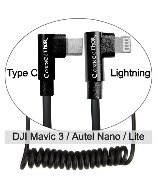 Cable ConnecThor Type-C (angled) - Lightning (angled) coiled by a spring, length 30-60 cm (EAN_7090045910337) from Thor’s Drone World