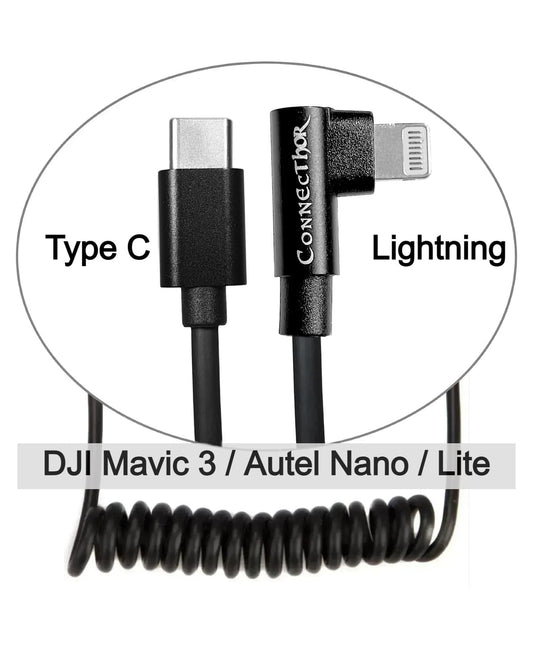 Cable ConnecThor Type-C (straight) - Lightning (angled) coiled by a spring, length 30-60 cm (EAN_7090045916278) from Thor’s Drone World