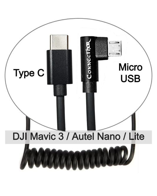 Cable ConnecThor Type-C (straight) - Micro USB (angled) coiled by a spring, length 30-60 cm (EAN_7090045916285) from Thor’s Drone World