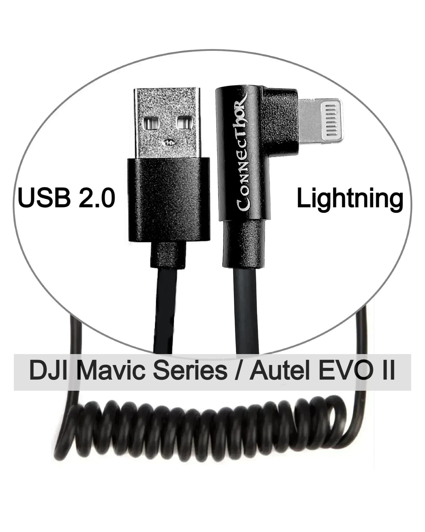 Cable ConnecThor USB 2.0 (straight) - Lightning (angled) coiled by a spring, length 30-60 cm (EAN_7090045910153) from Thor’s Drone World