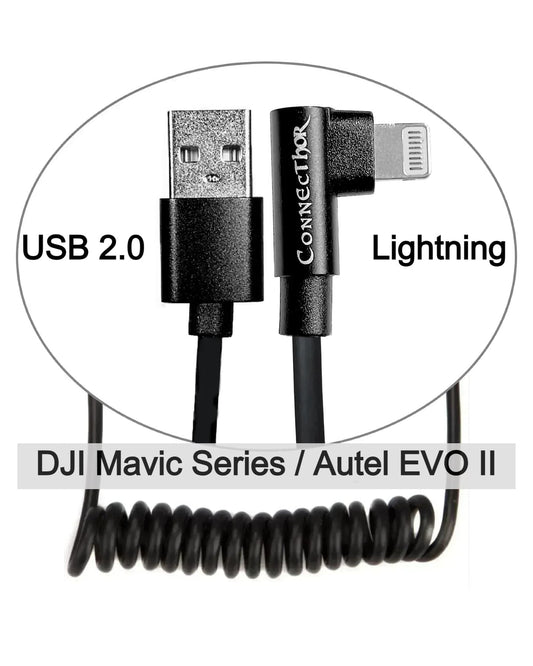 Kabel ConnecThor USB 2.0 (prosty) - Lightning (pod kątem) zwinięty na sprężynce, długość 30-60 cm (EAN_7090045910153) od Thor's Drone World