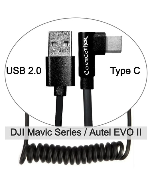 Cable ConnecThor USB 2.0 (straight) - Type-C (angled) coiled by a spring, length 30-60 cm (EAN_7090045910177) from Thor’s Drone World